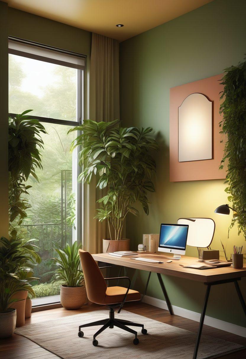 A cozy home setting evolving into a dynamic business workspace, featuring a seamless blend of personal items like family photos and plants transitioning into professional elements like laptops and brainstorming boards. Soft lighting enhancing the warmth of the home side, contrasted with an energetic and modern design on the business side. Represent the idea of growth and protection with a shield symbol subtly integrated into the scene. super-realistic. vibrant colors. 3D.